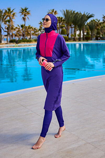 Marina Mor Tam Kapalı Tesettür Mayo Yırtmaçlı Modern Tasarım M2527-2