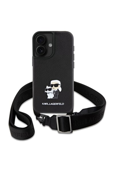 Karl Lagerfeld Θήκη iPhone 16 - Karl Lagerfeld Saffiano Crossbody (KLHCP16SSAKCPBK) - Μεταλλική καρφίτσα Karl&Choupette