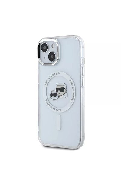 Karl Lagerfeld Case for iPhone 15 - Karl Lagerfeld IML MagSafe (KLHMP15SHLSKCH) - White Metal Karl&Choupette Heads