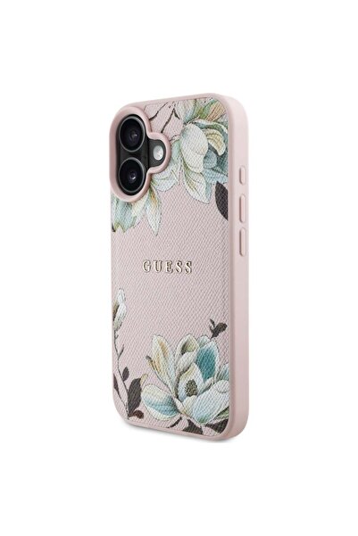 Guess Carcasă pentru iPhone 16 - Guess Grained Flowers MagSafe (GUHMP16SPGNMPLMP) - Roz