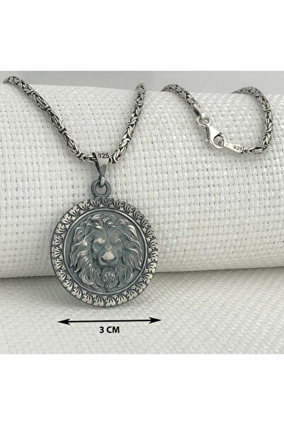 Moda Gümüş 925 Ayar Gümüş Aslan Kabartmalı Kral Zincir Gümüş Kolye