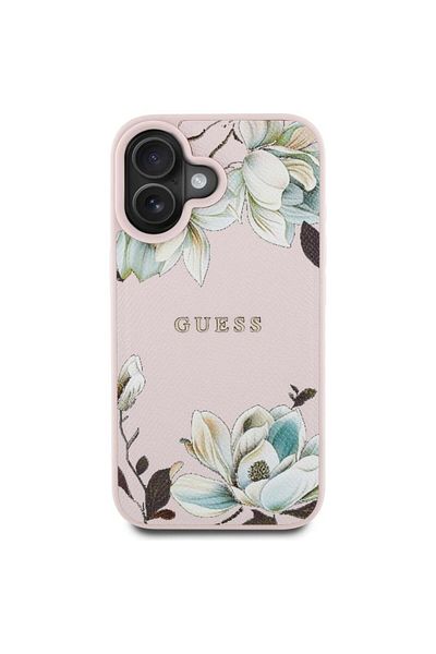 Guess Case for iPhone 16 - Guess Grained Flowers MagSafe (GUHMP16SPGNMPLMP) - Pink