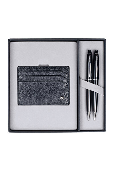 Scrikss Tükenmez Kalem Versatil Siyah Hakiki Deri Kredi Kartlık Set