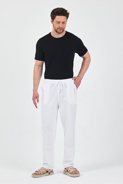 kırtex sport k teks şekil Men's White Elastic Waist 100% Cotton Trousers