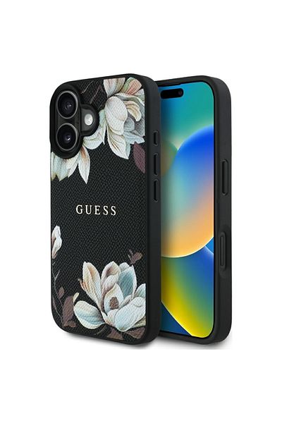 Guess Case for iPhone 16 - Guess Grained Flowers MagSafe (GUHMP16SPGNMPLMK) - Black