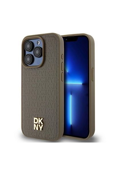 Dkny Husă pentru iPhone 15 Pro - DKNY din piele cu model monogramă și logo metalic MagSafe (DKHMP15LPSHRPSW) - Maro