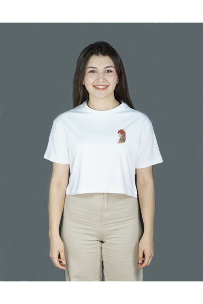 Beyaz Renk Baskılı Crop | Magnabella | Oversize