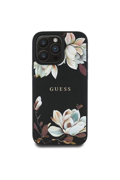 Guess Case for iPhone 16 Pro Max - Guess Grained Flowers MagSafe (GUHMP16XPGNMPLMK) - Black