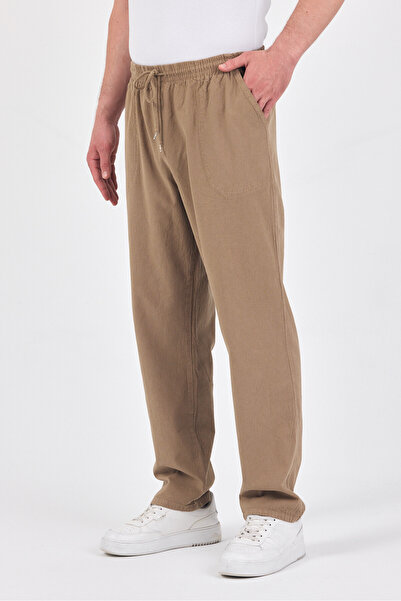 kırtex sport k teks şekil Erkek Vizon Regular Fit Keten Pantolon - Beli Lastikli, Pamuklu, Yazlık