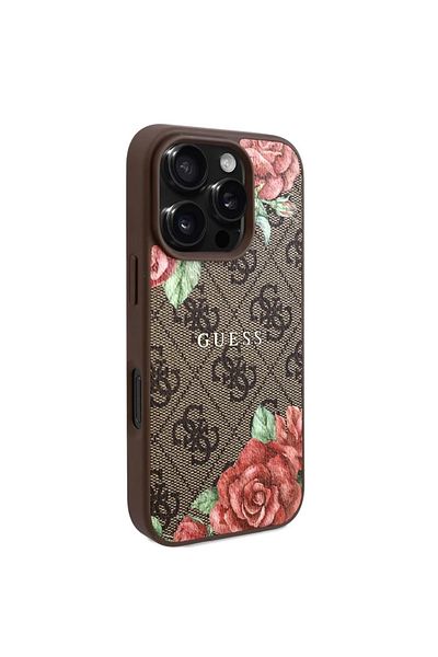 Guess Case for iPhone 16 Pro - Guess Hardcase 4G Flower Print MagSafe (GUHMP16LP4ROPEMCW) - Brown