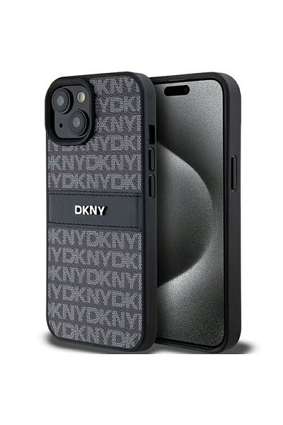 Dkny IPhone 15 Plus Case - DKNY Leather Mono Stripe & Metal Logo (DKHCP15MPRTHSLK) - Black