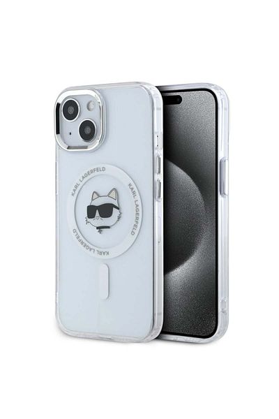 Karl Lagerfeld Case for iPhone 15 - Karl Lagerfeld IML MagSafe (KLHMP15SHLSCHH) - White Metal Choupette`s Head