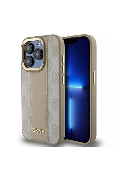 Dkny IPhone 15 Pro case - DKNY Leather Hardcase Grained PU Metal Logo MagSafe (DKHMP15LPGHLME) - Beige