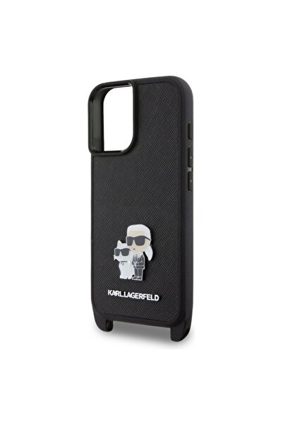 Karl Lagerfeld Θήκη iPhone 16 - Karl Lagerfeld Saffiano Crossbody (KLHCP16SSAKCPBK) - Μεταλλική καρφίτσα Karl&Choupette