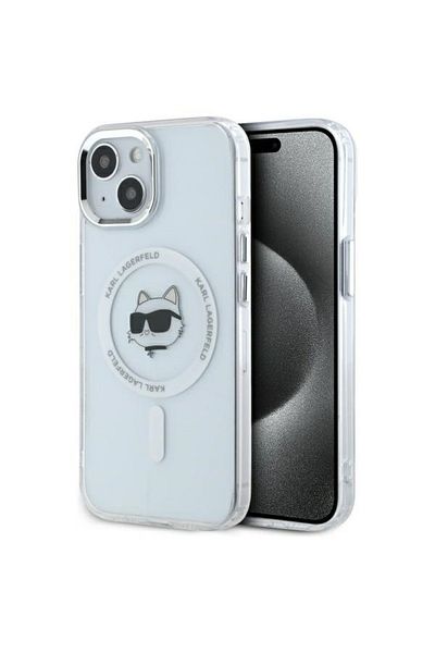 Karl Lagerfeld Case for iPhone 15 Plus - Karl Lagerfeld IML MagSafe (KLHMP15MHLSCHH) - White Metal Choupette`s Head