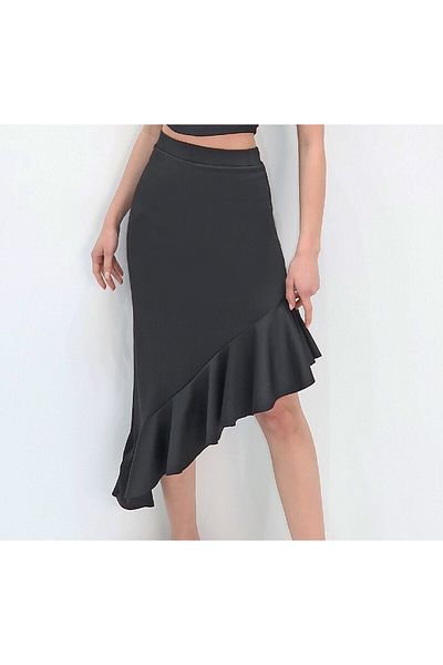EUROMODA Women'S, Diver Fabric, Asymmetrical Cut, Ruffled Black Skirt