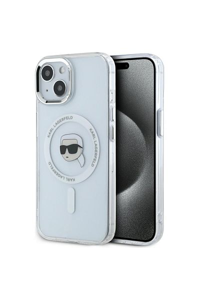 Karl Lagerfeld Case for iPhone 15 Plus - Karl Lagerfeld IML MagSafe (KLHMP15MHLSKIH) - White Metal Karl`s Head