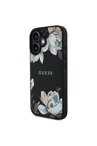 Guess Case for iPhone 16 - Guess Grained Flowers MagSafe (GUHMP16SPGNMPLMK) - Black
