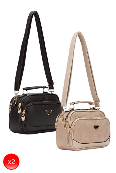 Adelina Bags Kadın Günlük Çapraz Askılı Üç Bölmeli Raven Deri Siyah ve Vizon ...