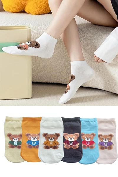 Esinti 6 Pairs Women's Ankle Length Multicolored Big Teddy Bear Patterned Booties Socks Set 6 Pieces
