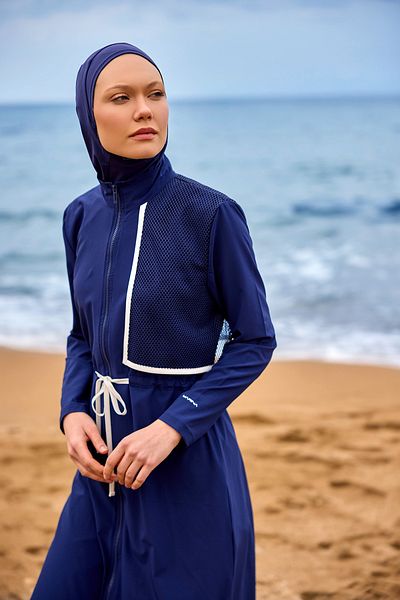 Marina Navy Blue Full Covered Hijab Swimsuit with Tulle Detail, Gathered Front Panel M2506-2