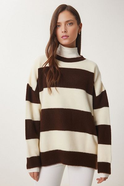 KURGAN TEKSTİL Women's Striped Soft Crew Neck Knitwear Sweater