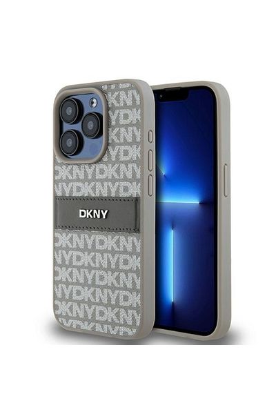Dkny IPhone 15 Pro Case - DKNY Leather Mono Stripe & Metal Logo (DKHCP15LPRTHSLE) - Beige