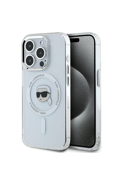 Karl Lagerfeld Case for iPhone 15 Pro Max - Karl Lagerfeld IML MagSafe (KLHMP15XHLSKIH) - White Metal Karl`s Head