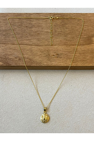 Rupen Kraft 925 Ayar Gümüş Gold Renk Mitolojik Çiçek Desen Zincirli Kolye 45cm
