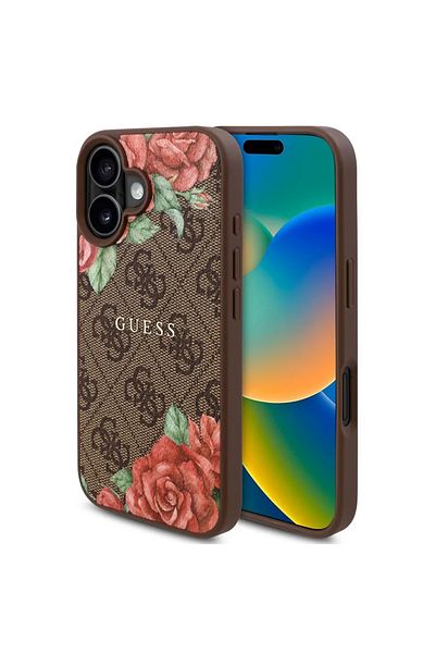 Guess Case for iPhone 16 - Guess Hardcase 4G Flower Print MagSafe (GUHMP16SP4ROPEMCW) - Brown