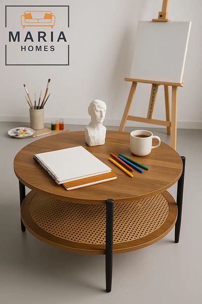 MARIA HOMES Wood grain coffee table with round rattan storage shelf