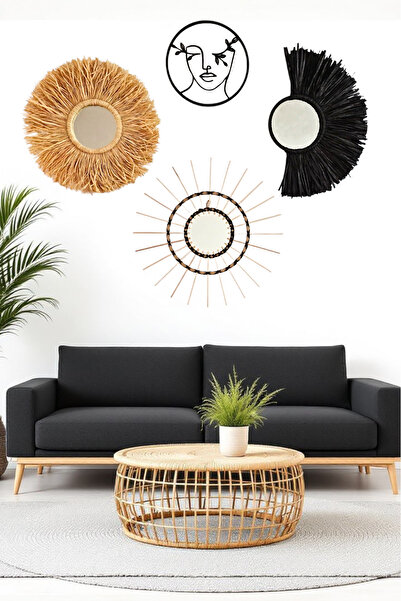 Bubihome Siyah Rafya & Bambu Ayna & Bohem Pano 4'lü Set