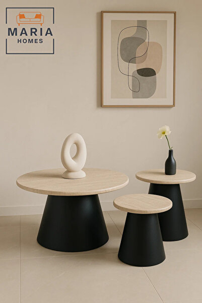 MARIA HOMES Modern Nesting Coffee Table Set 3-Piece Beige Marble Top with Black Cone Base for Living Rooms