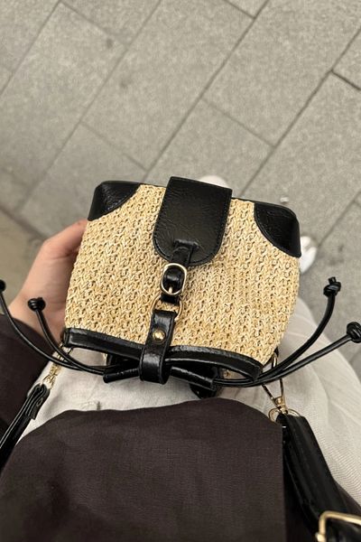 LEONAS Geantă de umăr pentru femei, cu design din paie și piele artificială, Buch Black