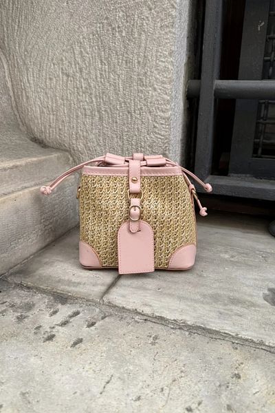 LEONAS Straw and Faux Leather Design Cross Women's Shoulder Bag Buch Pink