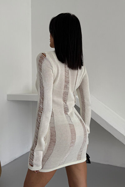 WOMAN VISION Knitwear Fabric Striped Transparent Look Long Sleeve Ecru Beach Dress 003