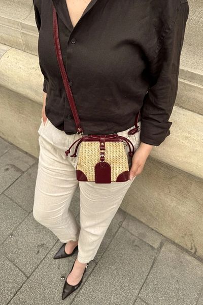 LEONAS Straw and Faux Leather Design Cross Women's Shoulder Bag Buch Claret Red