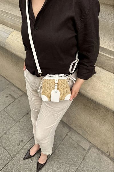 LEONAS Geantă de umăr pentru femei, cu design din paie și piele artificială, Buch White