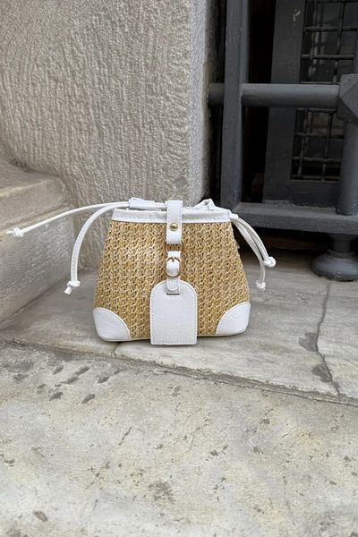 LEONAS Geantă de umăr pentru femei, cu design din paie și piele artificială, Buch White