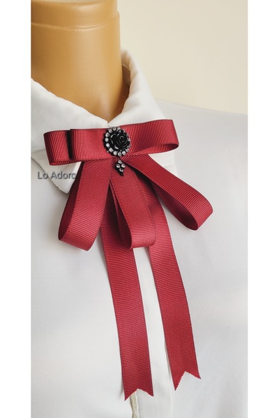 LO ADORO Women's Burgundy Tie Shirt Accessory Stone Detail Ornate Tie Women's Collar Pin Brooch Special Design Tie