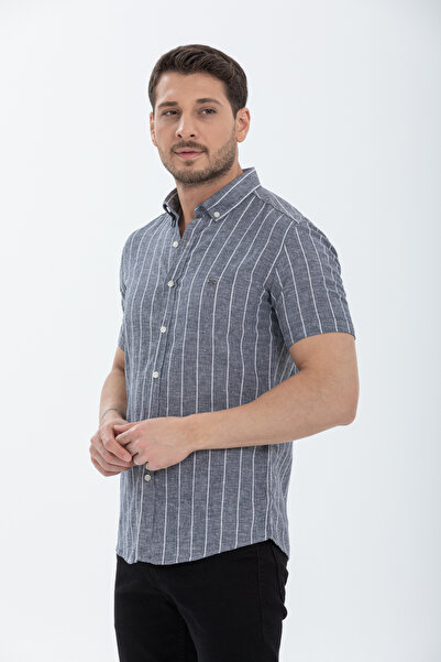 Klothy Men's Short Sleeve Striped Linen Shirt 2585