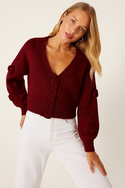 KURGAN TEKSTİL Women's Pompom Flower Detailed Knitwear Cardigan