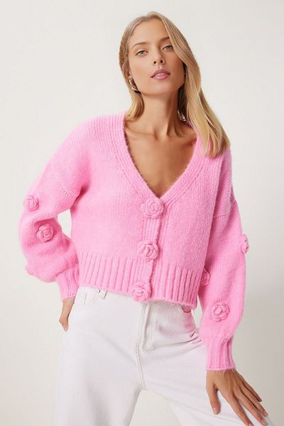 KURGAN TEKSTİL Women's Pompom Flower Detailed Knitwear Cardigan