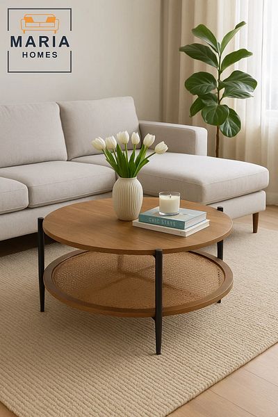 MARIA HOMES Wood grain coffee table with round rattan storage shelf