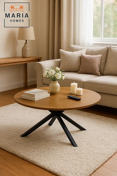 MARIA HOMES Large walnut round coffee table with cross metal base
