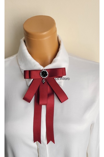 LO ADORO Women's Burgundy Tie Shirt Accessory Stone Detail Ornate Tie Women's Collar Pin Brooch Special Design Tie