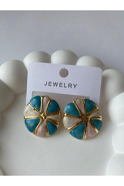 marsel aksesuar Turquoise Flower Button Gold Earrings