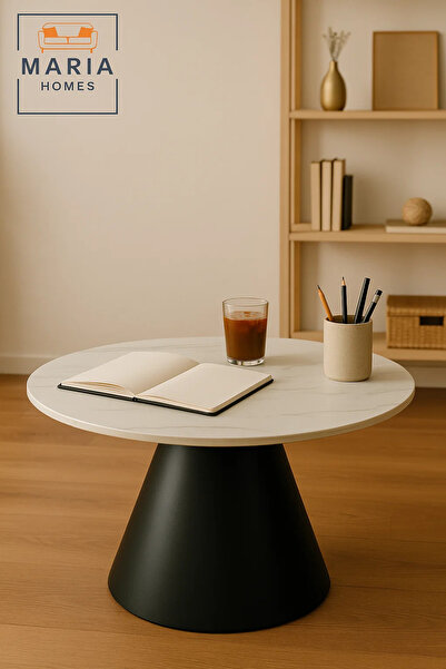 MARIA HOMES Round white marble table with black cone base