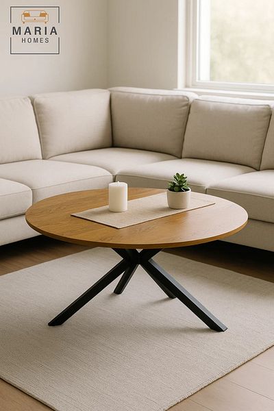 MARIA HOMES Compact walnut coffee table with cross black metal legs