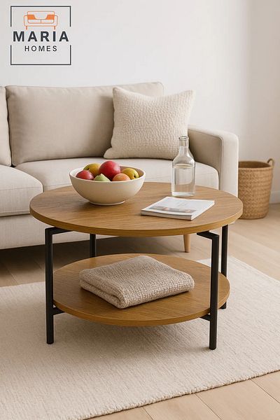 MARIA HOMES Round oak-finish coffee table with lower shelf and black frame